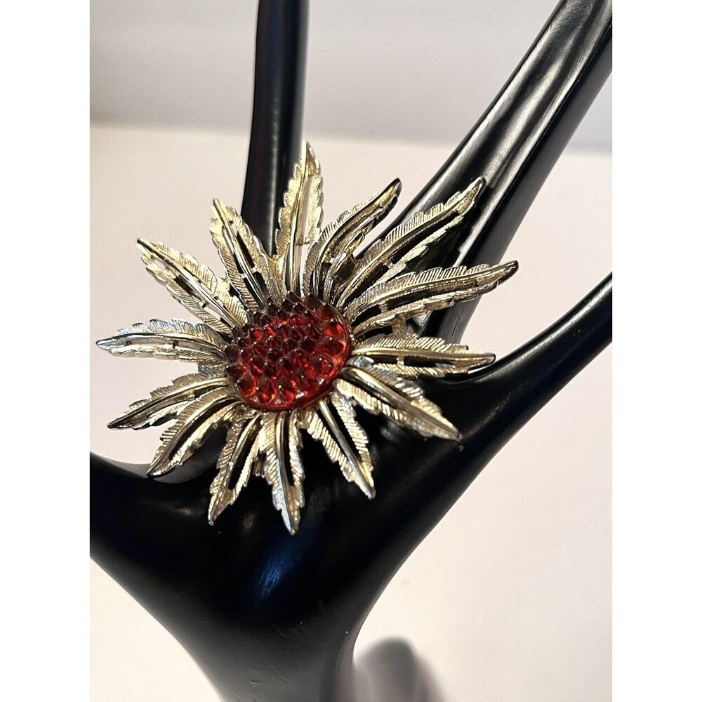 VTG Sarah Coventry Star Burst Brooch Pendant Gold Amber Cabochon Whimsigoth